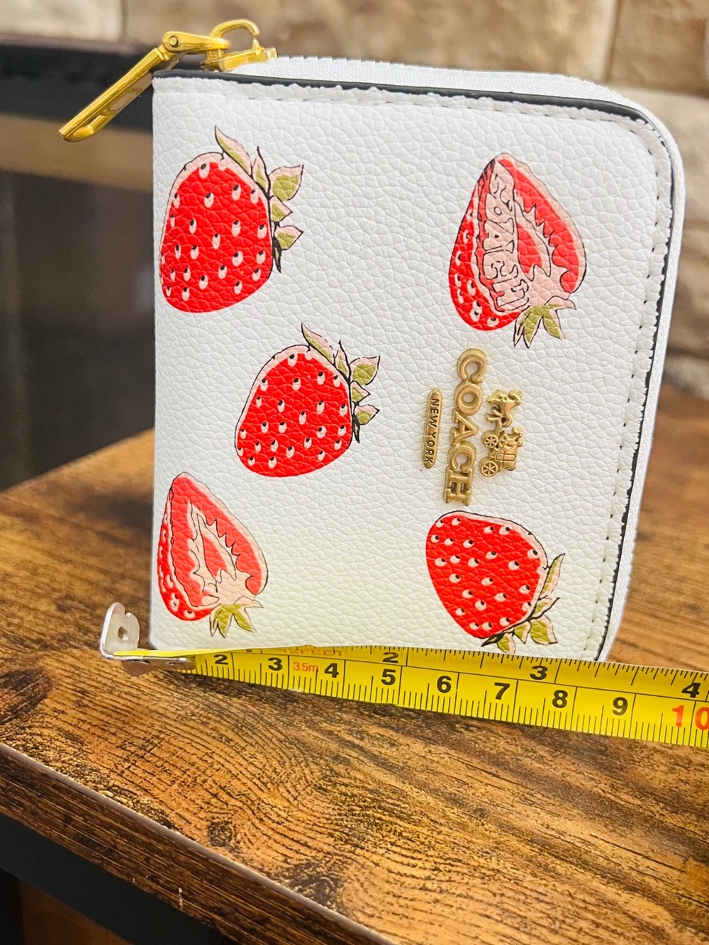 Coach White Strawberry Zip Card Wallet with Gold Logo - Picture 3 of 9